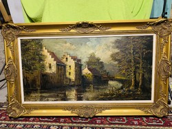 Huge 121 x 71 cm blonder in beautiful frame with oil on canvas painting, brutally well painted waterfront