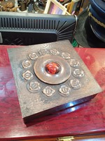 Fire enameled metal box from the dark past, measuring 15 x 15 cm.