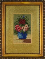 1H636 Keretezett asztali virágcsendélet gobelin 34 x 26 cm
