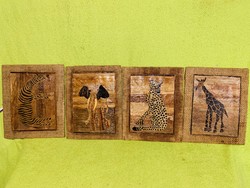 4 pictures depicting old African animals, painted with inlays