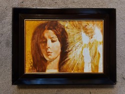Izsák József: "Áhítat", festmény, olaj, farost, 29,5 x 42,5 cm+ keret