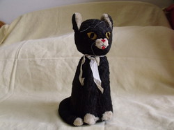 Antik plüss játék fekete macska szalmatöltetű cica játékfigura 24 cm