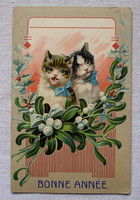 Antik  dombornyomott Újévi üdvözlő grafikus képeslap  cicák
