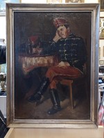 Asztalnál ülő huszár Ismeretlen alkotó 1880 körül o. vászon Ún Tokaji keretben.
