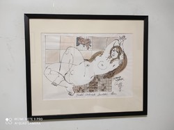 László Ákos (1940 - ) festő, grafikus "Hommage a Hokusai" 2003 Vegyes-technika papíron 'Ajánlással'