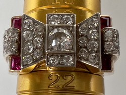 1 Forintról! Antik 18k Arany Márki Gyűrű (10 gr) fehér, régi Brillel (kb. 1 ct) és apró Rubinokkal!