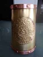 Mexican yellow and copper lined cup with Aztec-Mayan calendar decoration!