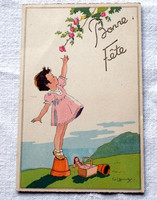 Antik g. Lauvey greeting postcard with baby girl playing with flowers