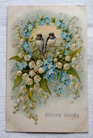 Antik dombornyomott Újévi üdvözlő képeslap fecskék virágok