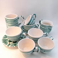 Gmunder zöld csíkos kerámia csészék, kiöntő, korsó egyben