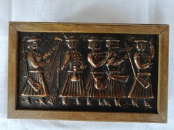 Wooden box with bronze decoration on each side, pictures of outlaw and bird