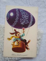 Old graphic Easter postcard for fine art publishing 1962, bunny with egg balloon