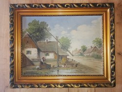 Dénes Mesterházy: very nice oil on canvas, village street picture in a flawless frame.