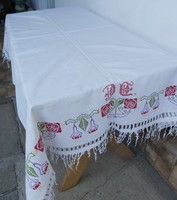Old monogrammed linen floral tablecloth nostalgia piece village peasant decoration