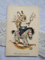 Régi grafikus húsvéti képeslap, hintaló, nyuszi, barka Képzőművészeti Kiadó 1958