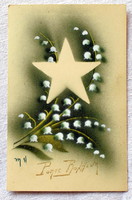 Antik francia festékszórt üdvözlő  képeslap gyöngyvirág csillag