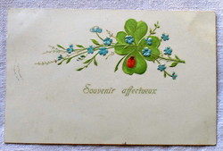 Antik francia dombornyomott üdvözlő képeslap lóhere katica nefelejcs