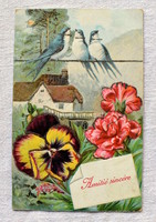 Antik dombornyomott  glitteres üdvözlő képeslap  virágok tájkép fecskék
