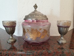 Régi antik szecessziós cukortartó üveg bonbonier és 2db pohár