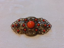 Very nice old copper ??? And coral ??? Brooch (badge) made by combining is busy !!!