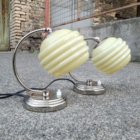 Art deco - Streamline nikkelezett asztali - fali lámpa pár felújítva - "hurkás" vajszínű ernyő