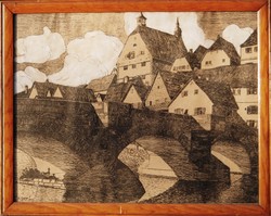 Karl Stief: Óvárosi híd emberekkel (1902, Besigheim) - szecessziós egyedi rajz, eredeti keretében