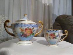 Birodalmi empire királykék arannyal, virágmintával cseh porcelán cukortartó kávés csészével