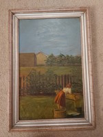 "Mosó nő", festmény, olaj, falemez, 41x65 cm+keret