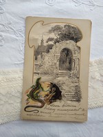 Antik hosszúcímzéses litho/litográfiás képeslap, régi romos kapu, sütkérező gyík 1905
