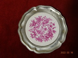 Zinn plate with porcelain insert, diameter 10.5 cm. He has! Jókai.