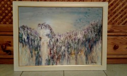 LEÁRAZÁS!"Lila akácos"Keretezett ,elegáns ,eredeti festmény 77 x 57 cm
