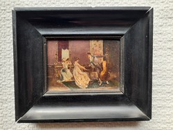 Antik festett miniatűr nyomat, romantikus jelenet