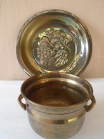 Antique wall plate rarity with bronze nysilver mark and a wonderful copper pot on baroque legs