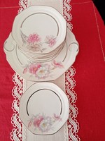 Régi , 1+10 db-os,  jelzett francia porcelán süteményes készlet - peremén és belül ezüst csík