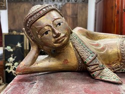 Antik burmai, fából faragott, díszes fekvő Buddha, keleti, ázsiai, japán, kínai
