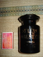 Eladó 1 db antik fújt fekete korom patikaüveg gyógyszertári feliratos dugós patika üveg