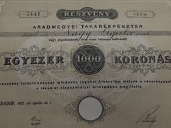 Részvény Erdély Arad 1912 szép állapotban szelvényekkel