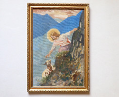 Régi Retró Vintage vallási gobelin tűgobelin falikép fali kép képkeret Jézus Krisztus kereszténység