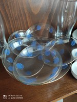 Lehellet vékony retro kék geometrikus mintás arany szélű üveg desszertes készlet 6+1