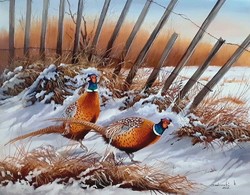 Dabronaki pheasants at the fence 40x50cm oil on canvas painting