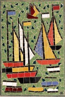 B. E.: Balatoni vitorlások - egyedi kerámia mozaik, falikép fa hátlapon