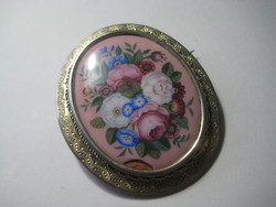 Antik bross  , aranyozott  ezűst   ,porcelán  festmény  55 x 45  mm