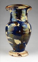 1H919 Antik folyatott ónmázas cserép váza 16 cm