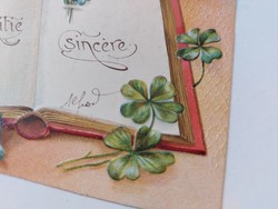Régi képeslap francia dombornyomott levelezőlap nefelejcs lóhere könyv