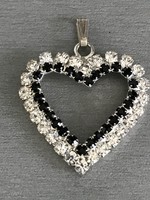 Silver-plated heart-shaped pendant with black and clear crystals, 4 x 3.3 cm