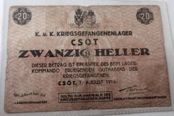 Hadifogoly pénz Csót 20 Fillér és 2 Heller  Hadifogoly Tábor  Freistadt POW camp 1915.