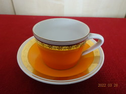 Hollóház porcelain coffee cup + placemat with orange and gold border. He has! Jókai.