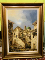 Large 81 x 62 cm modern Mediterranean street painting in oil style, oil on canvas