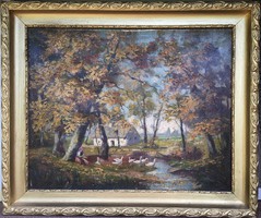 Landscape, village scene with geese, oil painting size 40x60cm