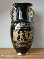 Fekete alapon 24 karátos arannyal festett görög jelenetes hibátlan porcelán váza